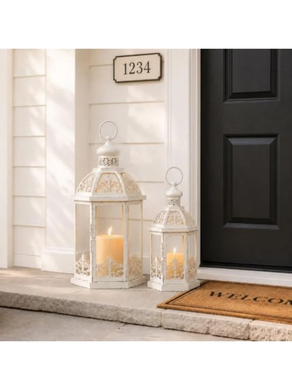 Set of 2 Beige Metal Lanterns for Indoor & Outdoor Decor - Candle Holders for